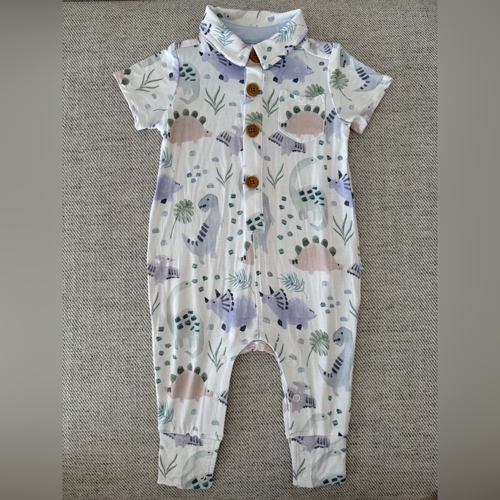 Posh Peanut Milo Dinosaur Short Sleeve Henley Romper